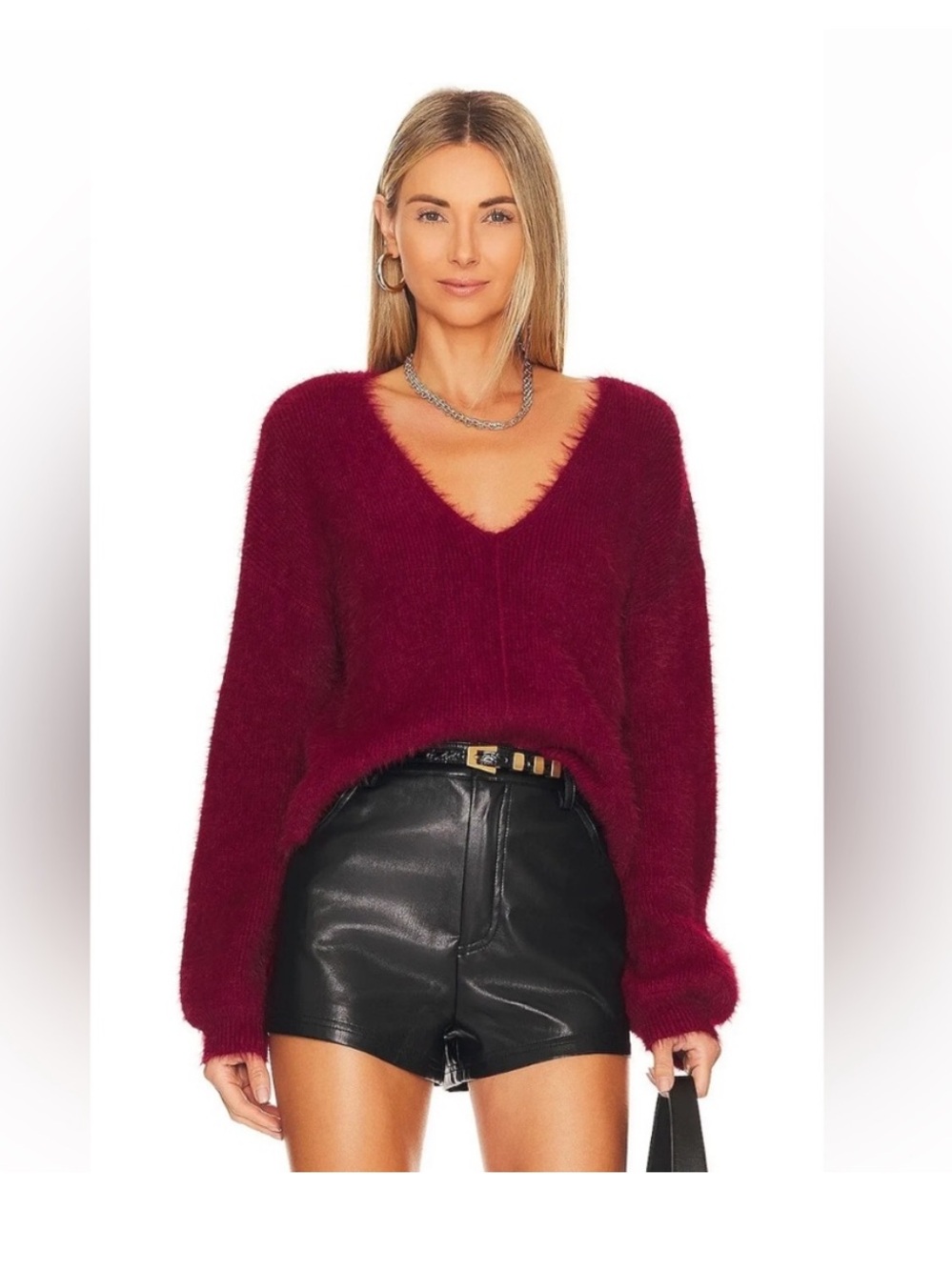 Lovers + Friends Malia V-neck Fuzzy Sweater Size XS in Burgundy Boho Cozy
